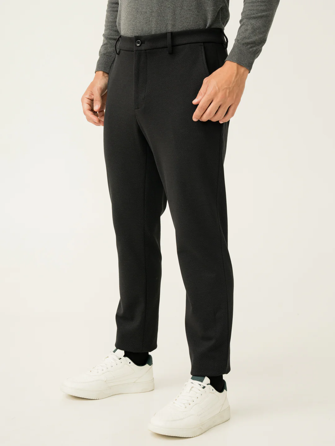 Black Twill Structured Slim Fit Power Stretch Pants - Image 11