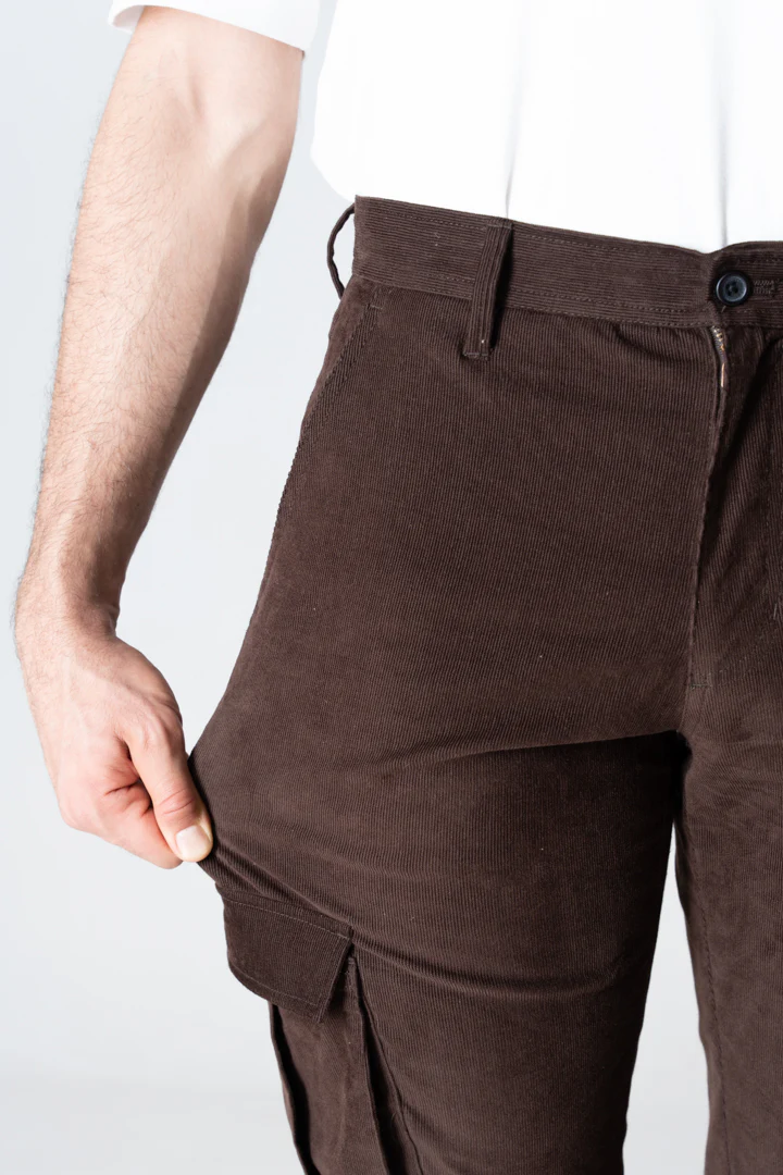 Coffee Brown Corduroy Stretch Cargo Pants - Image 2