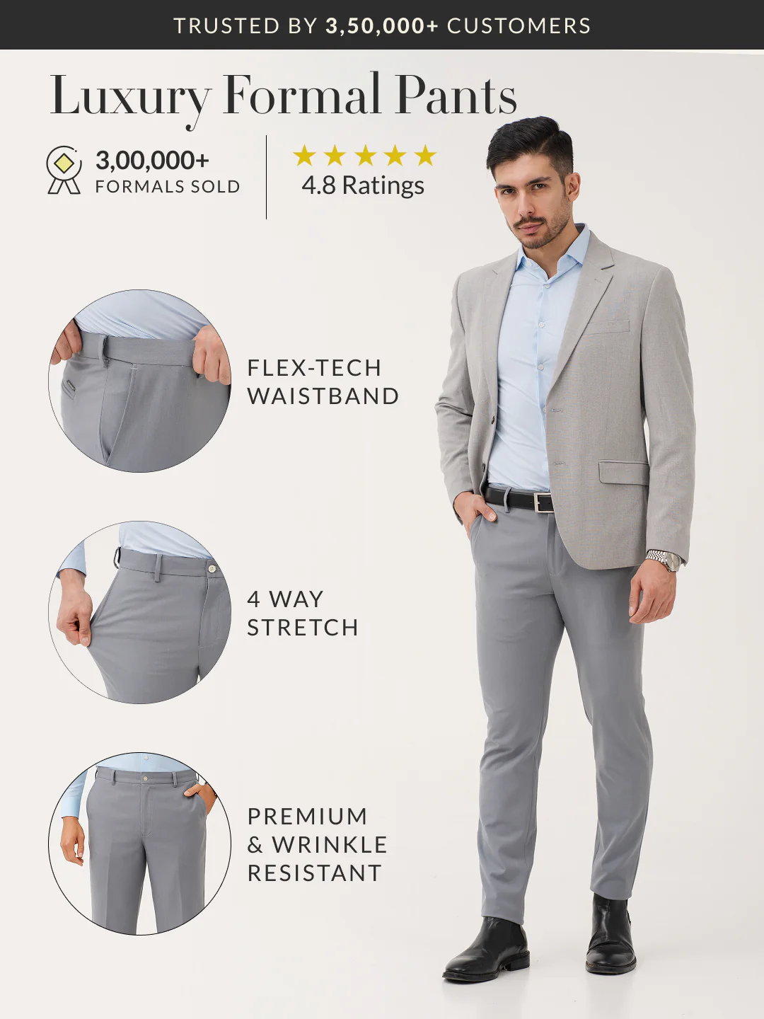 Equinox Grey Luxury Twill Relaxed Fit Stretch Formal Pants - Image 2
