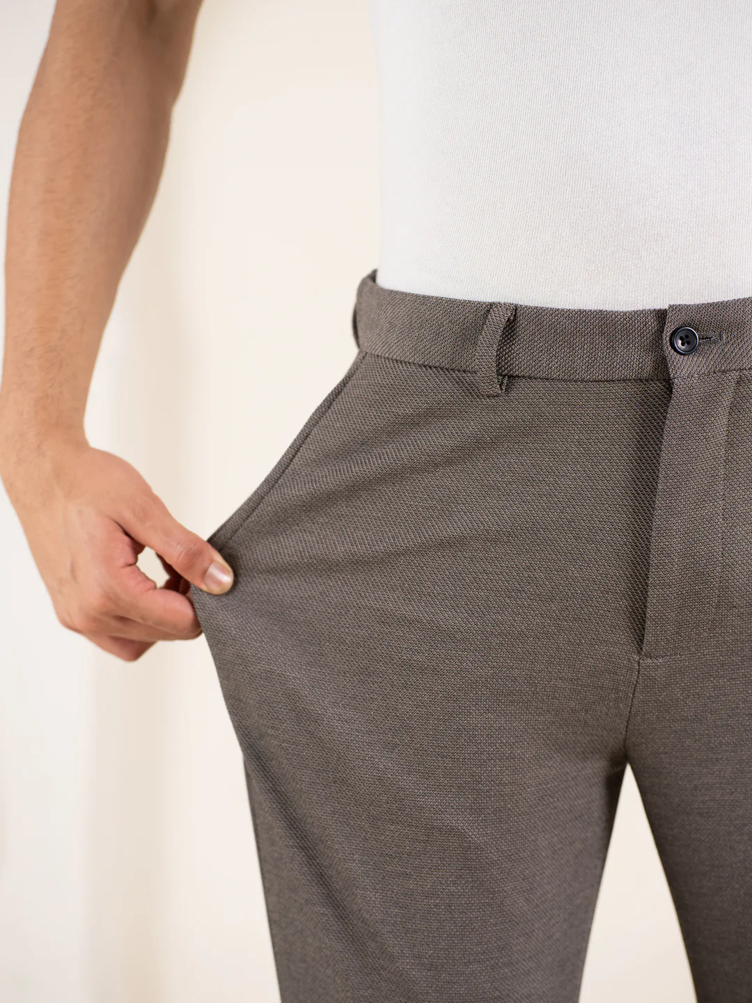 Geometry Beige Textured Slim Fit Power Stretch Pants