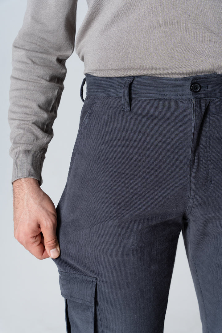 Grey Corduroy Stretch Cargo Pants - Image 2