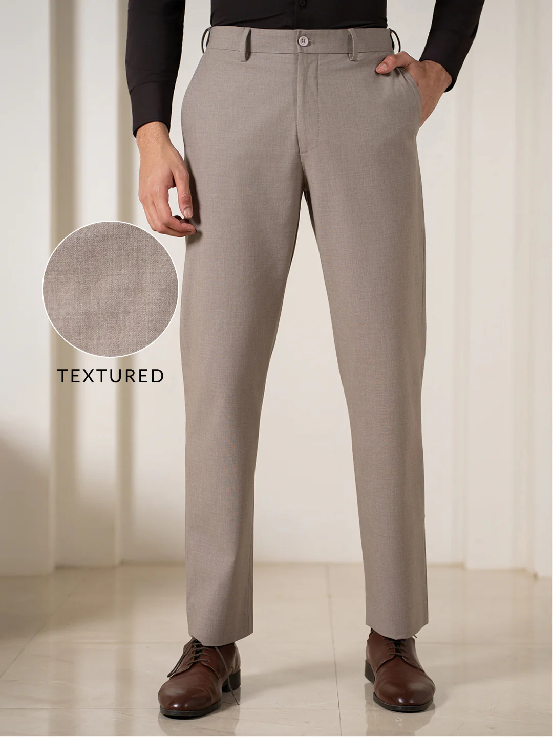 Muted Khaki Relaxed Fit Stretch Formal Pants