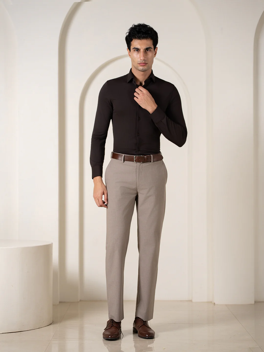 Muted Khaki Relaxed Fit Stretch Formal Pants - Image 7
