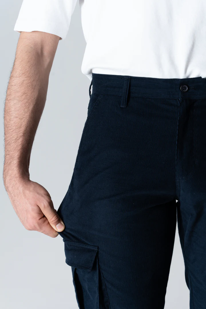 Navy Corduroy Stretch Cargo Pants - Image 2