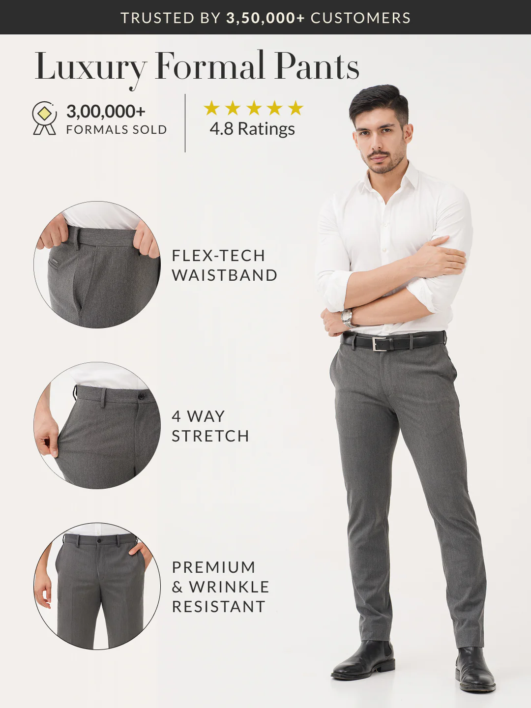 Thorne Grey Luxury Twill Relaxed Fit Stretch Formal Pants - Image 2