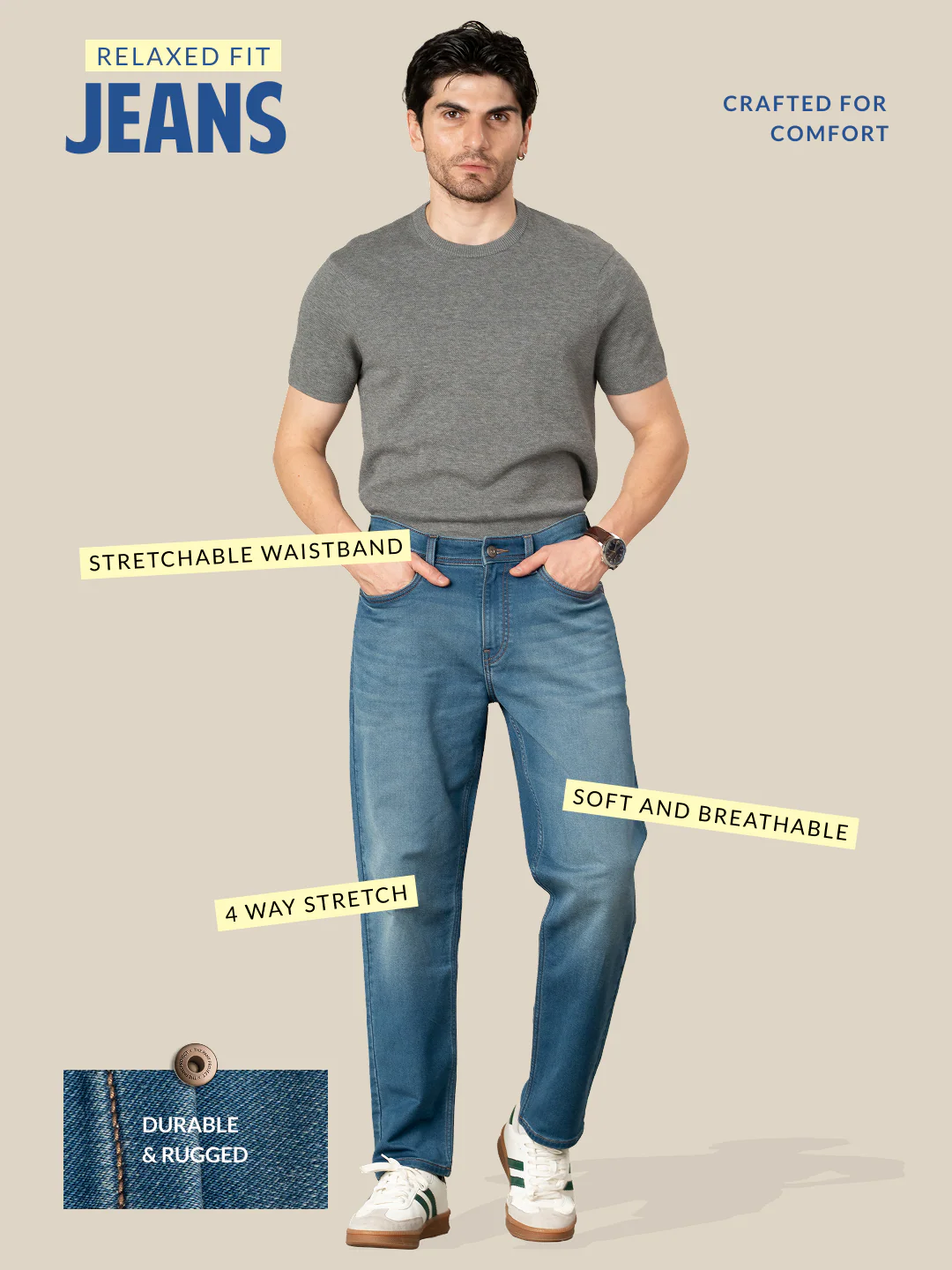 Walking Blue Tinted Whiskered Relaxed Fit Jeans - Image 3